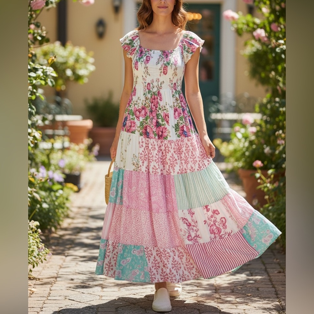 Positano Smocked Cotton Flounce Midi Dress OS XS/S Floral Patchwork
